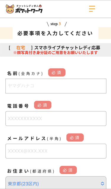 ポケットワーク在宅応募フォームの入力画面
