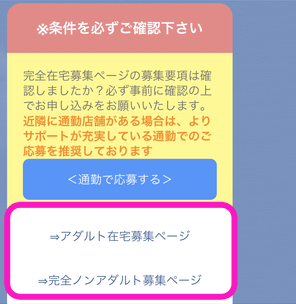 アスタリスク在宅のアダルト・ノンアダルト登録条件確認画面
