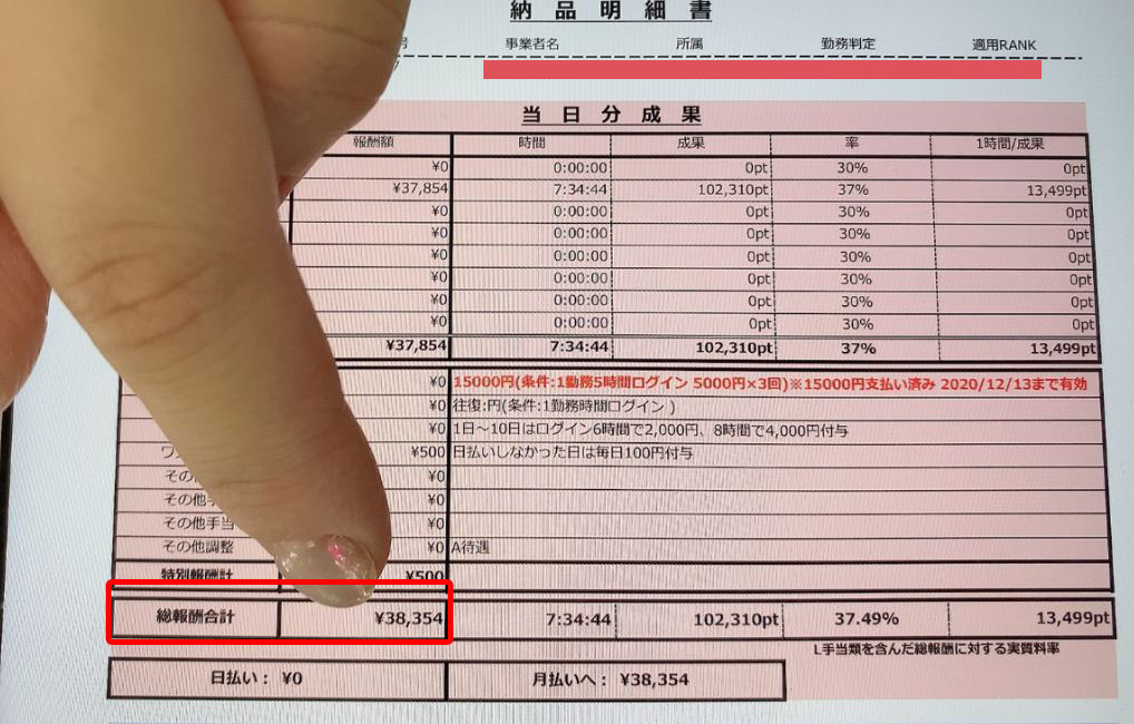 アスタリスク大阪梅田店のしっかりしたお給料明細